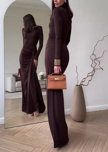 Maxi Dress Brown Stretchy Fabric Slit Design