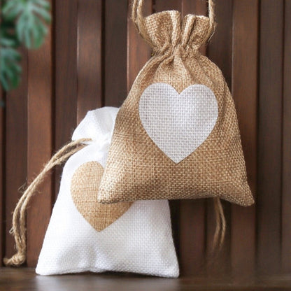 Cotton Linen Drawstring Gift Bag With Heart Print