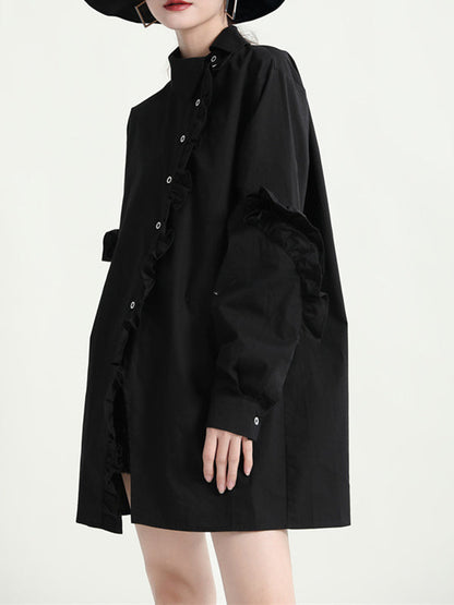 Loose Solid Color Ruffled Irregularity Buttoned Blouses