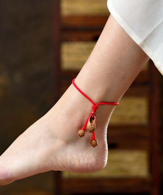 Handmade Red Peach Wood Weaving Tiger Head Shoes Anklets
