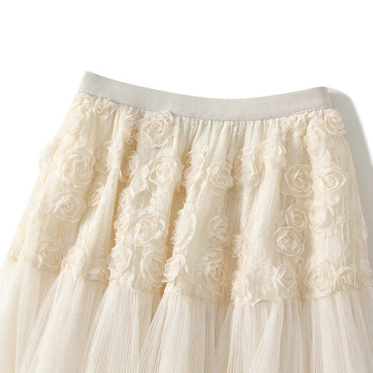 Floral Embellished Tulle Midi Skirt