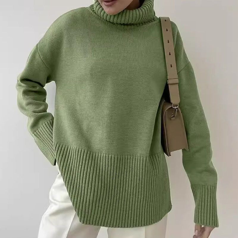 Fall Solid Color Turtleneck Side Slit Sweater