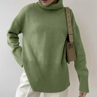 Fall Solid Color Turtleneck Side Slit Sweater