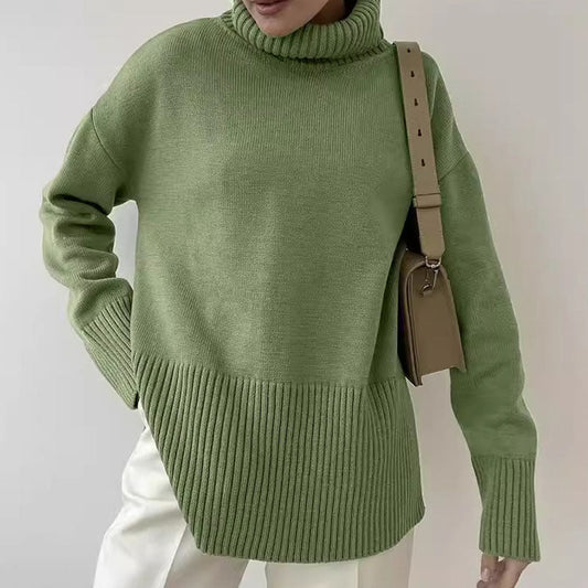 Fall Solid Color Turtleneck Side Slit Sweater