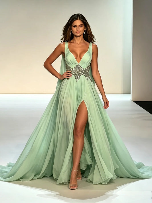 Lira V Neck Beaded Chiffon Maxi Dress In Sage Green