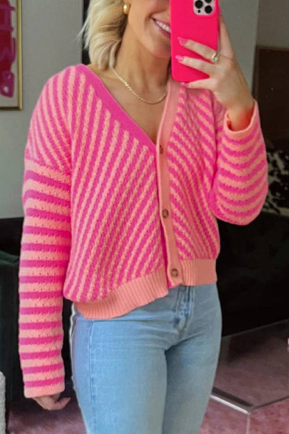 Pink Striped Buttoned V Neck Drop Shoulder Cardigan