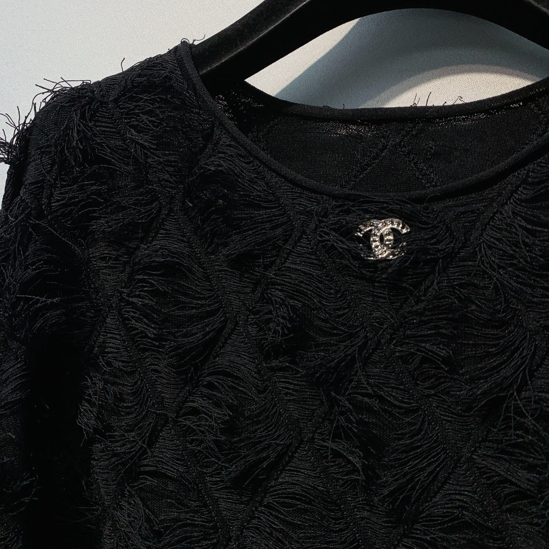 CC SS26 Feather-Trimmed Chiffon Top Black Chiffon 350963