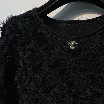 CC SS26 Feather-Trimmed Chiffon Top Black Chiffon 350963