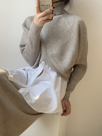 Stylish 4 Colors Knitting High-Neck Asymmetric Split-Front Sweater