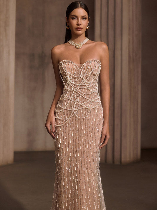 Marissa Strapless Pearl Fringe Chain Maxi Dress