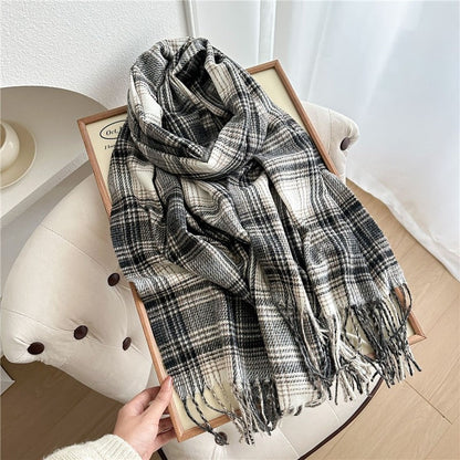 Color Block Plaid Fringe Scarf