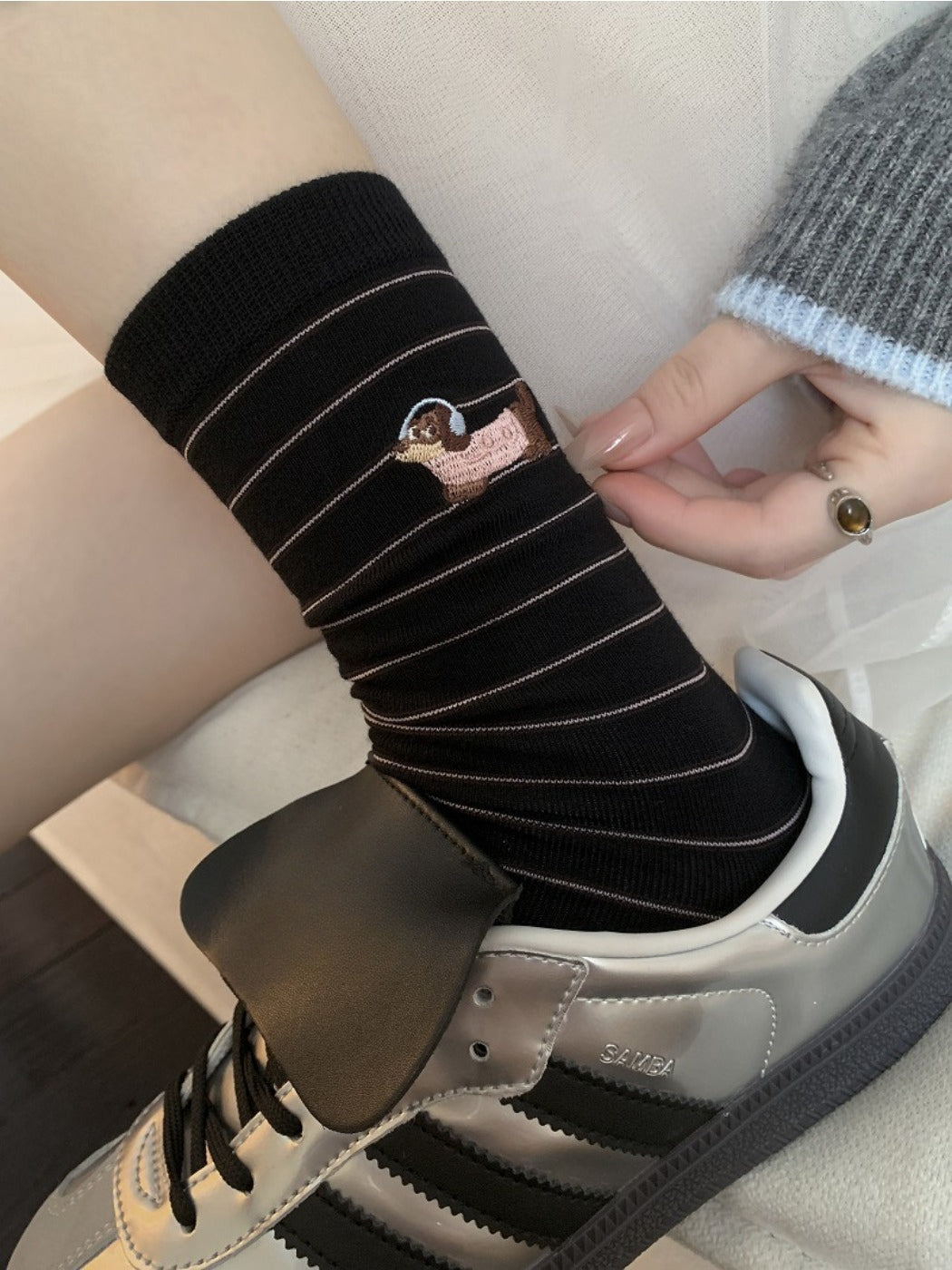 Rufia - Cute Dog Embroidered Mid-calf Socks