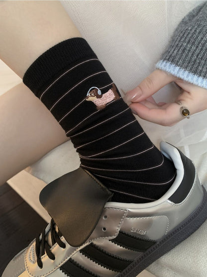 Rufia - Cute Dog Embroidered Mid-calf Socks