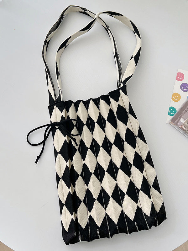 Contrast Color Drawstring Pleated Rhombus Woven Handbags