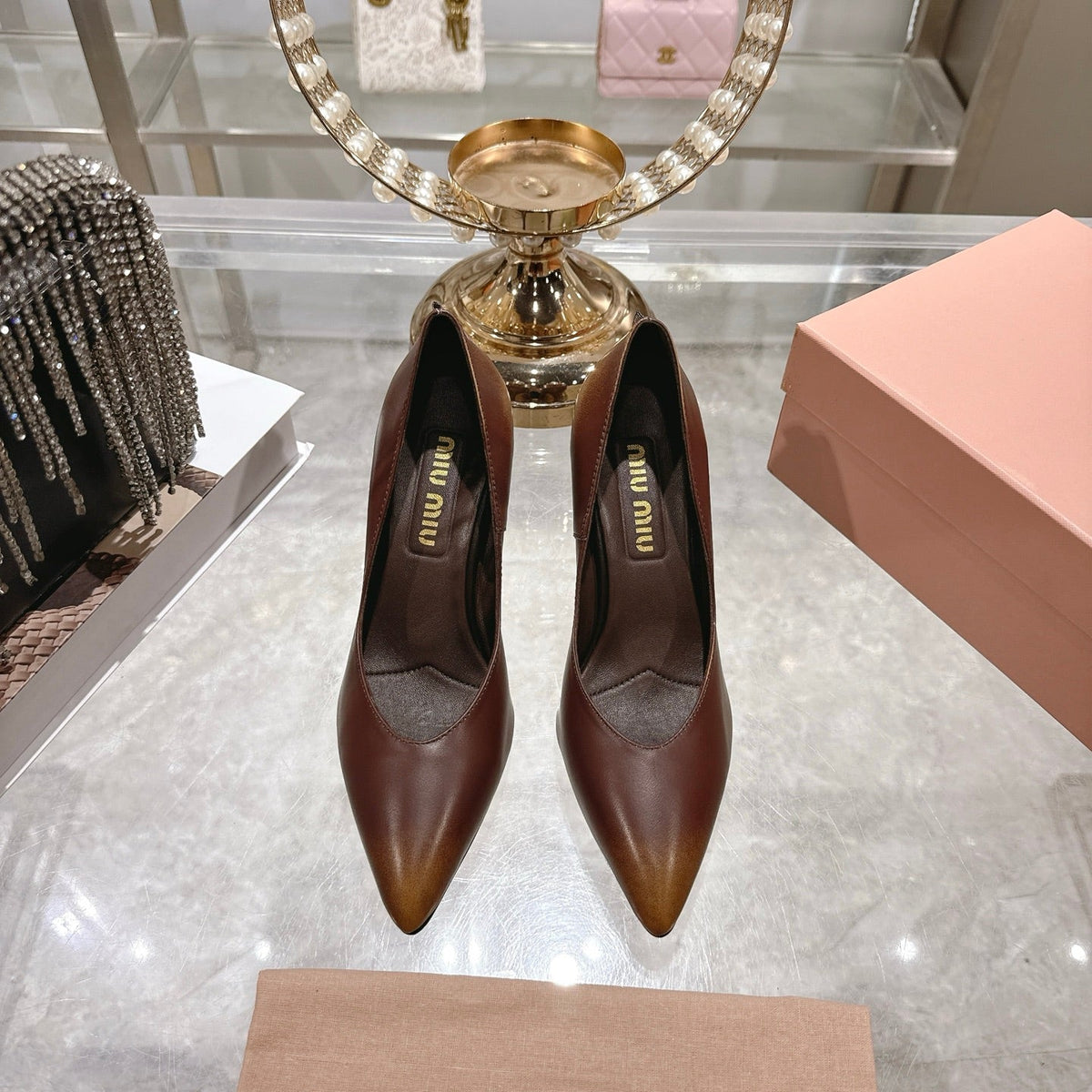 Miu High Heel Pumps Brown Sheepskin 592077