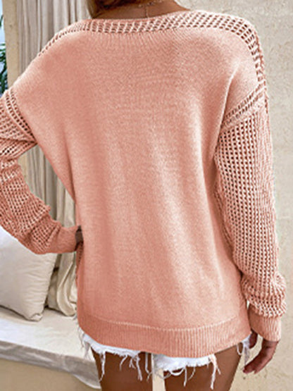 Long Sleeves Loose Hollow Solid Color V-Neck Sweater Tops