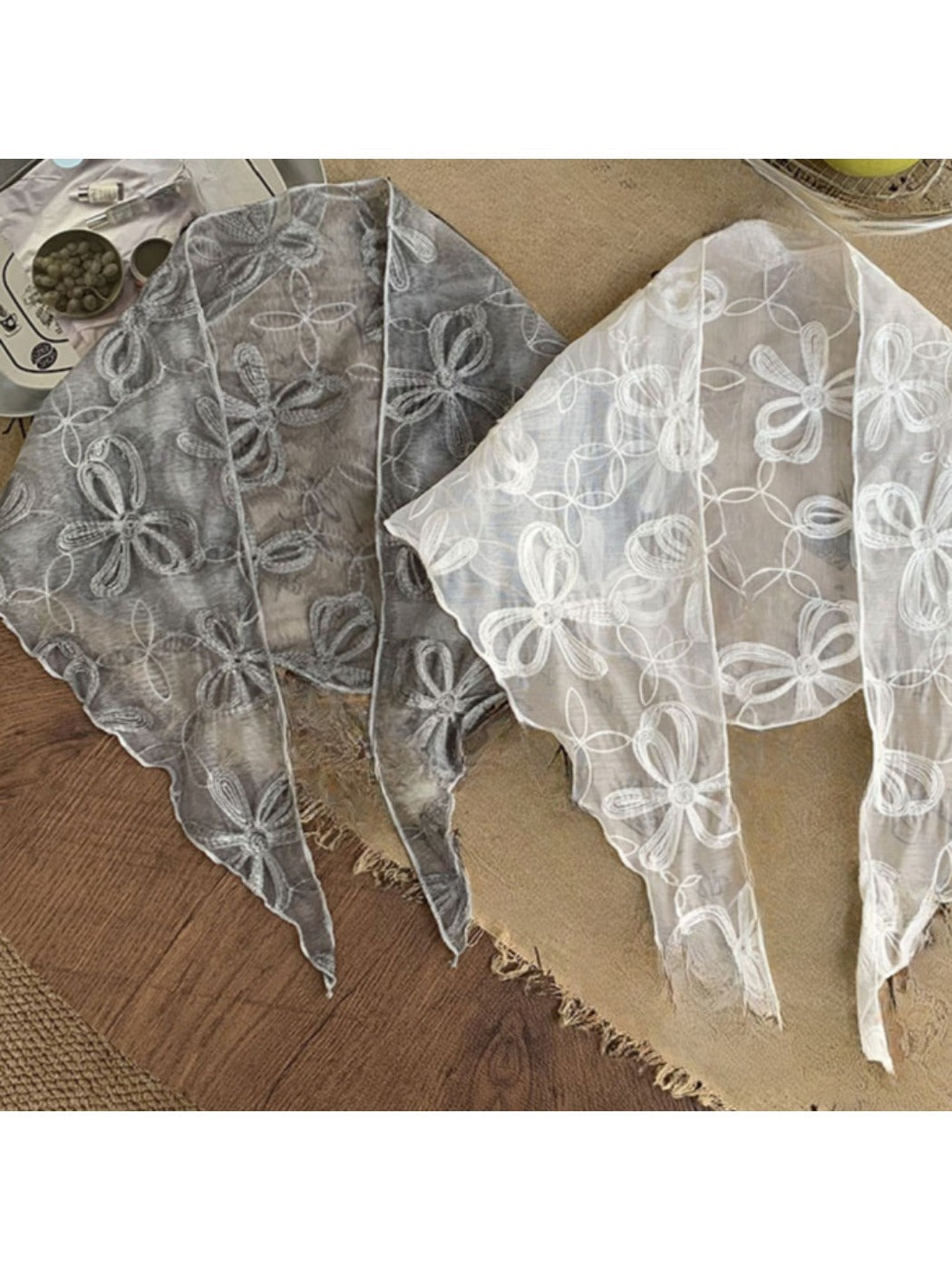 Scarvii - Bow Embroidered Sheer Triangle Scarf - Sweet &amp; Airy