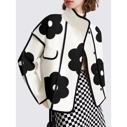 Long Sleeves Loose Contrast Color Flower Print Split-Joint Stand Collar Jackets Outerwear