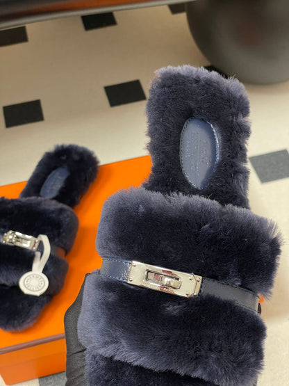 Hermes Giulia Kelly Buckle H-Slippers Navy Blue in Wool 594324