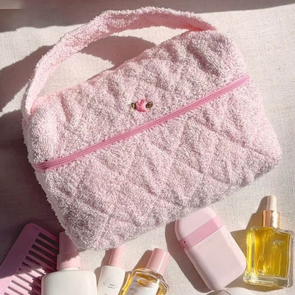 Soft Plush Cute Bow Print Cosmetic Bag