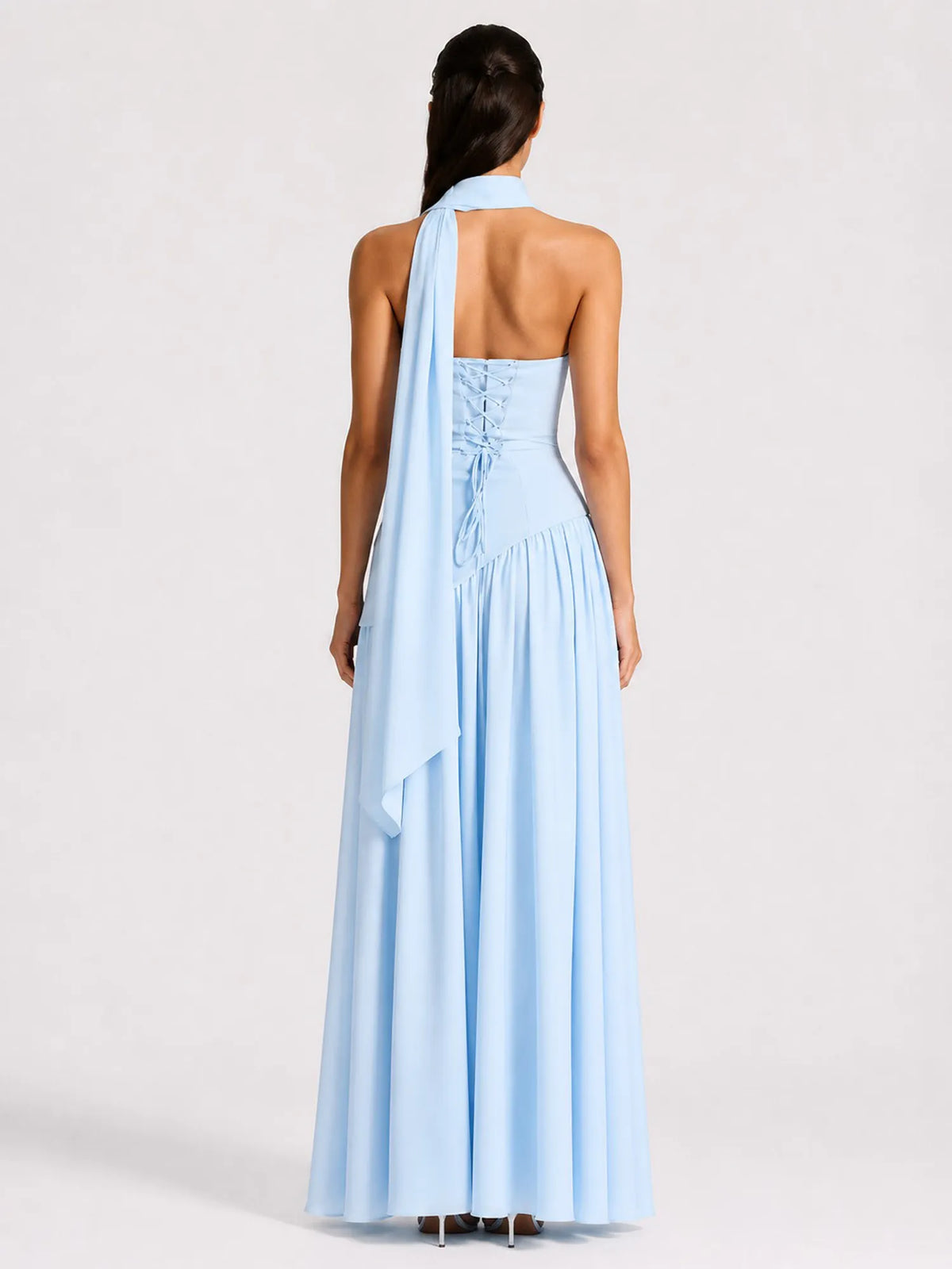 Celeste Strapless Ruched Slit Maxi Dress In Blue