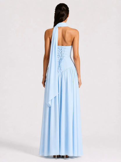 Celeste Strapless Ruched Slit Maxi Dress In Blue