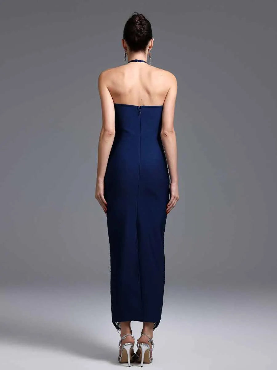Jocelyn Classic Contour Halter Fringe Maxi Dress