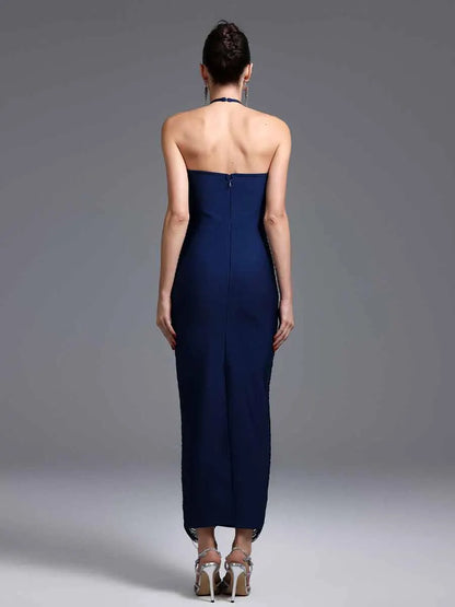 Jocelyn Classic Contour Halter Fringe Maxi Dress