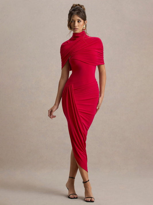 Helena Asymmetric Twisted Cape Midi Dress