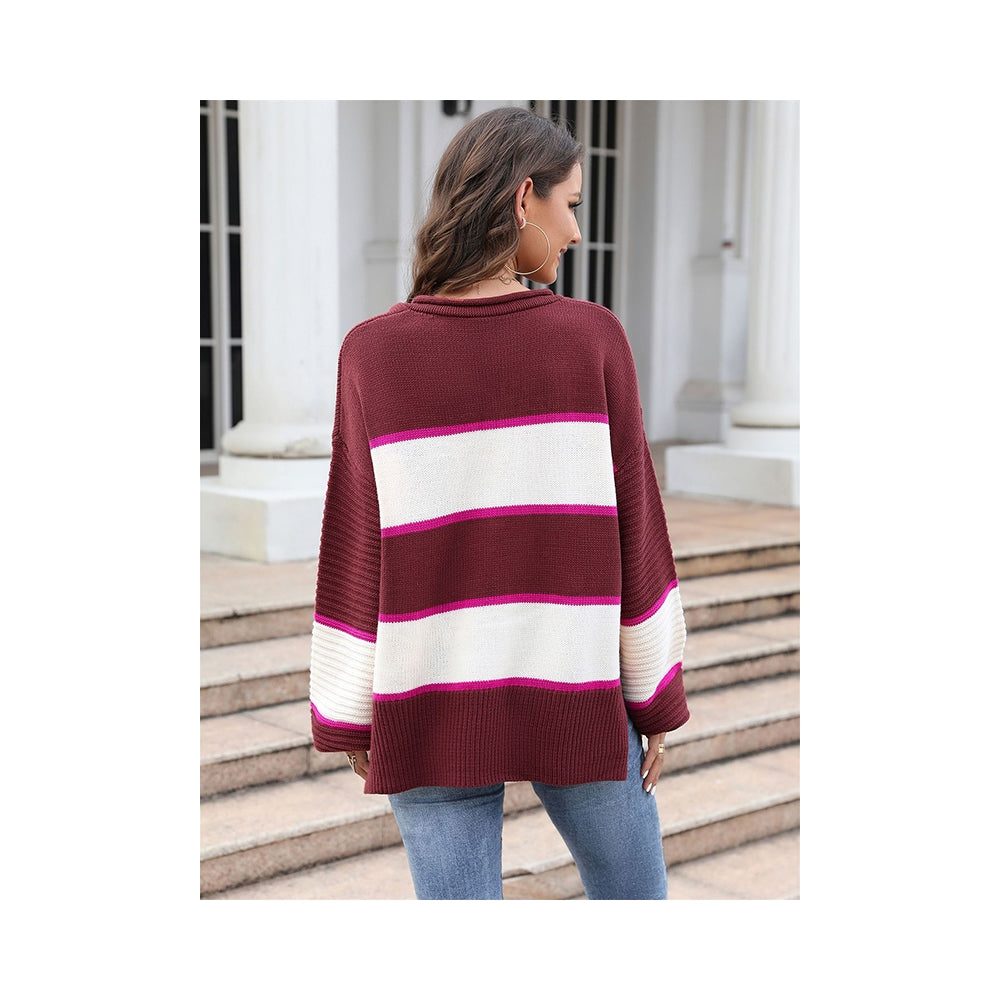 Casual Long Sleeves Loose Striped V-Neck Sweater Tops