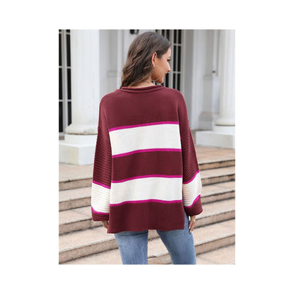Casual Long Sleeves Loose Striped V-Neck Sweater Tops