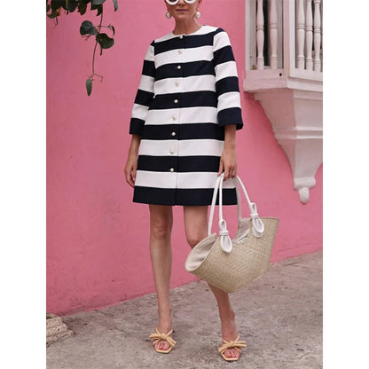 Loose Three-quarter Sleeves Buttoned Striped Round-neck Jackets&Coats Outerwear