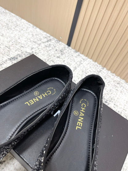 Chanel Coco Mark Ballet Flat Black with Silver in Lambskin 591378