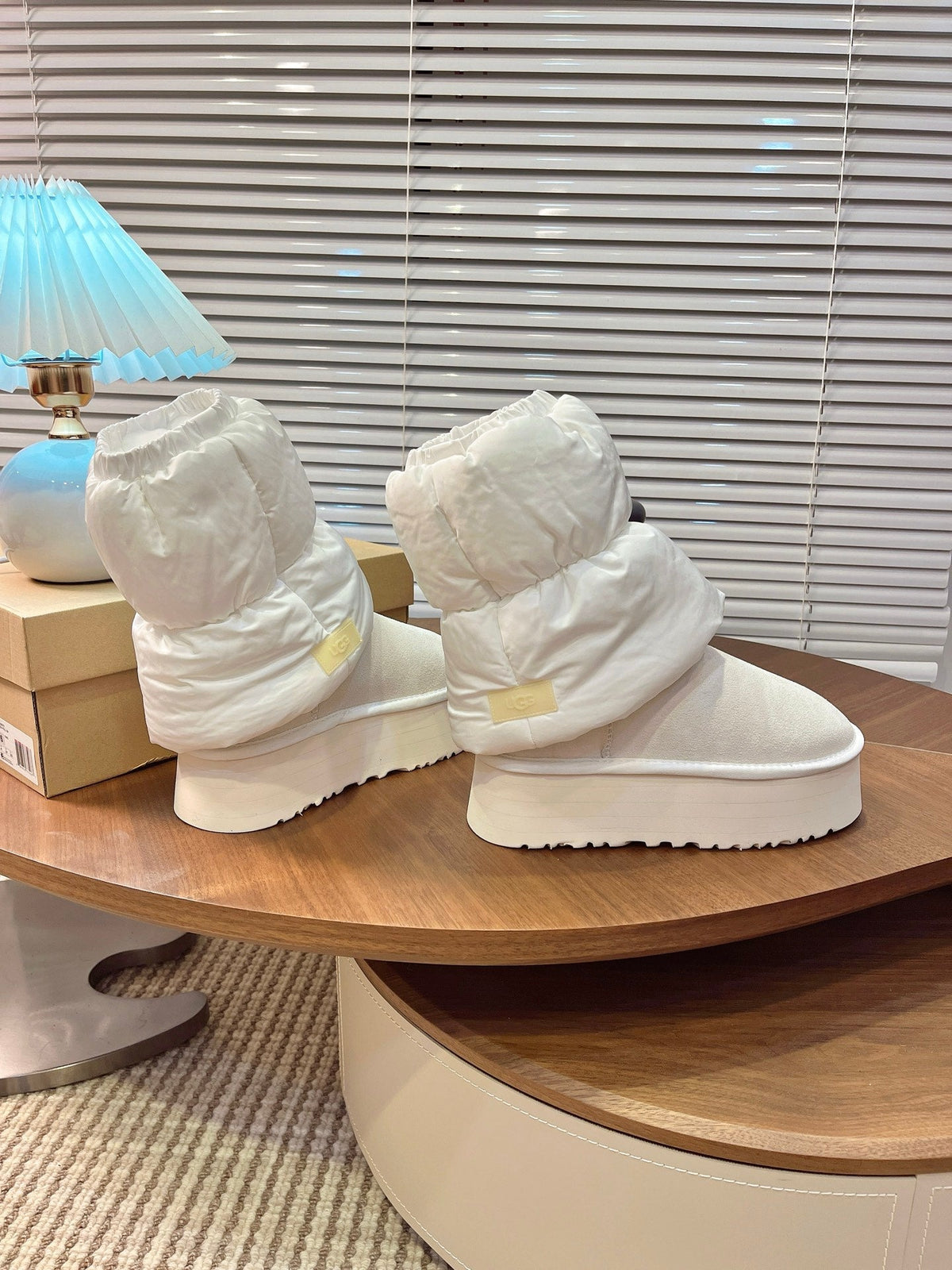 UGG Classic Mini Dipper Puffer Boots Off White Suede Technical Fabric