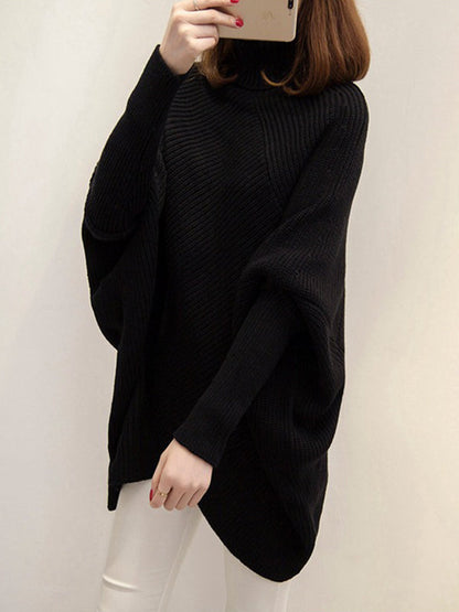 Casual Loose Batwing Sleeves Solid Color High-Neck Sweater Tops
