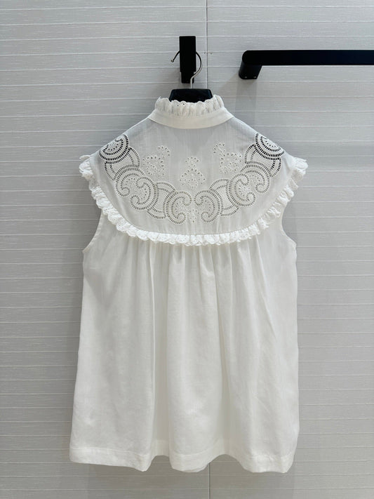 Celine 25 Lace Sleeveless Shirt White Cotton