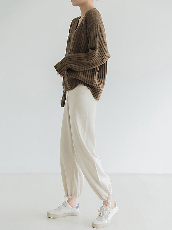 Casual Loose Solid Color V-Neck Sweater Tops