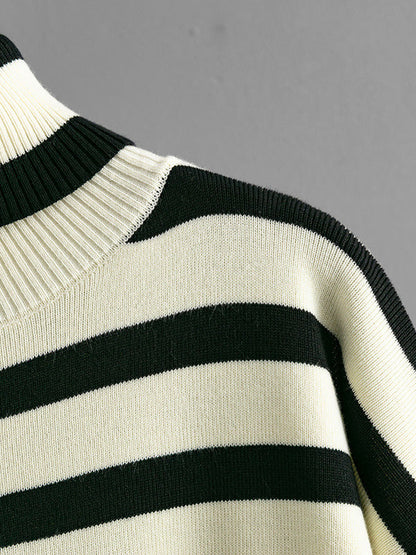 Long Sleeves Loose Contrast Color Split-Joint Striped Patterns High Neck Sweater Tops