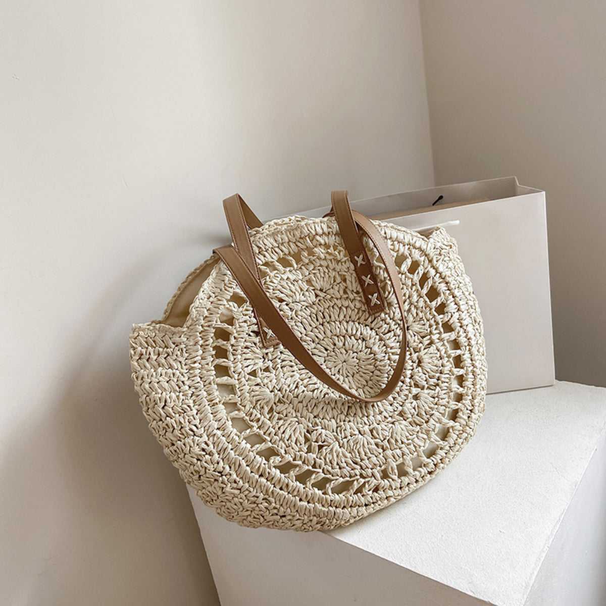 Cosbai - Round Hollow Woven Bag