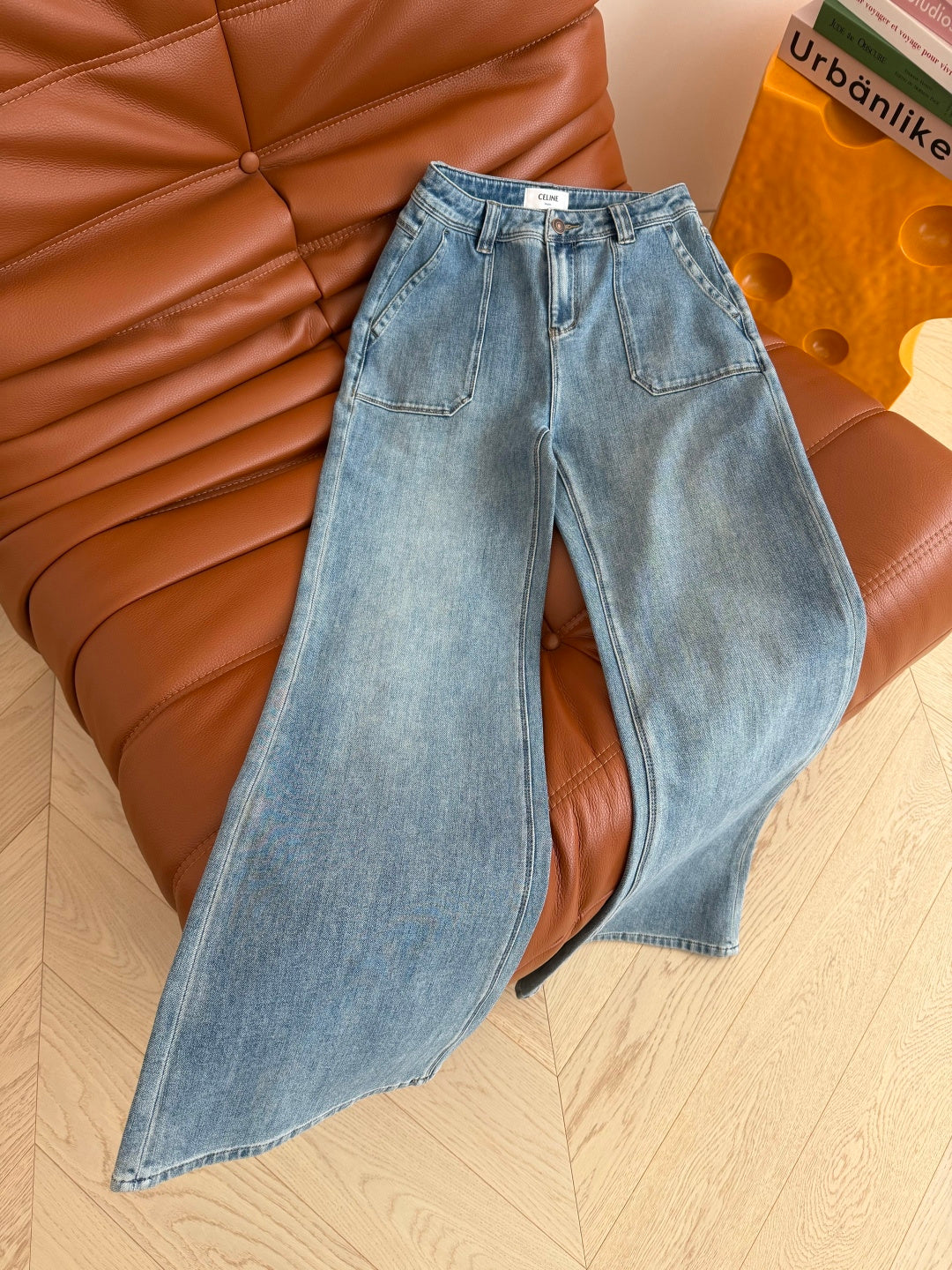 Celine Double Pockets Flared Jeans Broken Blue Polyester Cotton 345379