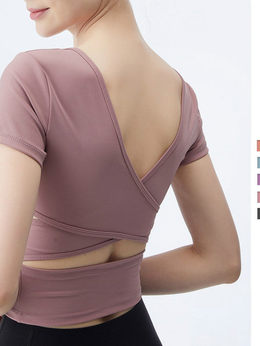 Yoga Clothes With Chest Pads, Sports T-Shirts, Women'S Cross-Backs, Tight-Fitting Short Sleeves And Quick-Drying Fitness Clothes