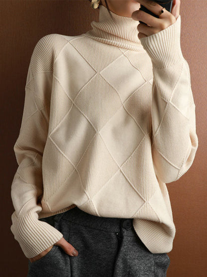 Loose Jacquard Solid Color High-Neck Sweater Tops