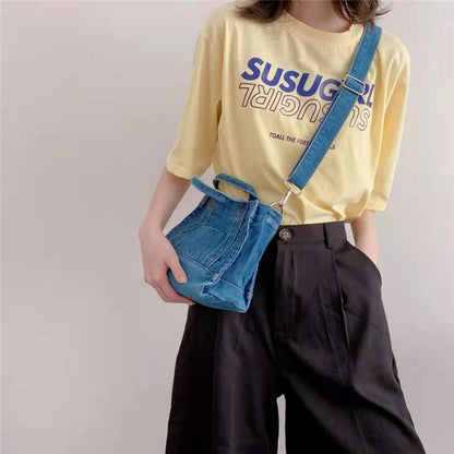 Detachable-Strap Denim Crossbody Bag