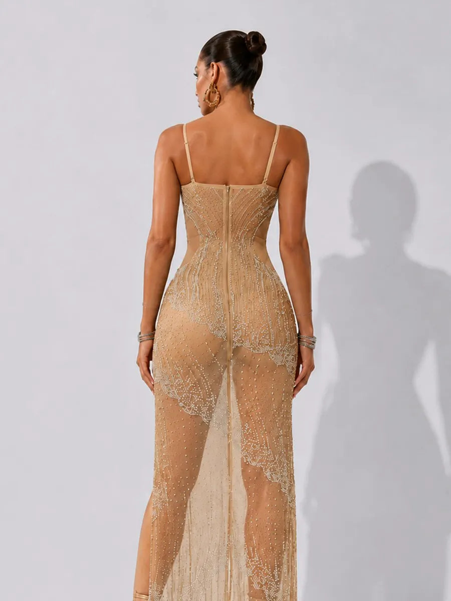 Tatiana Rhinestone-Embellished Slit Bodycon Maxi Dress
