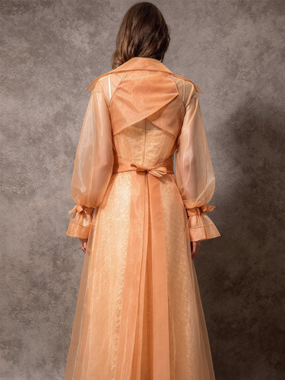 Talia Long-Sleeve Chiffon Lapel Long Coat