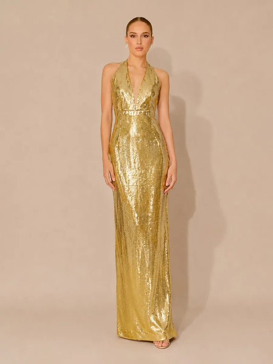 Kiara Backless Sleeveless Halter Sequin Maxi Dress
