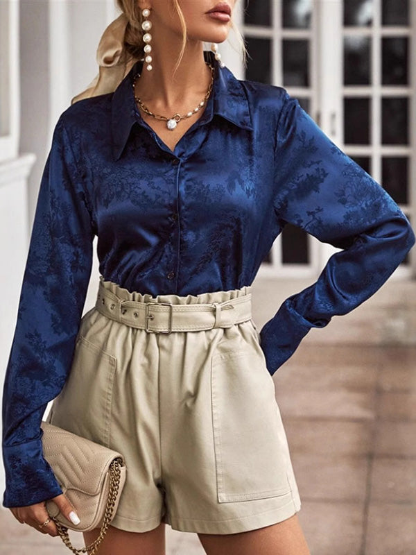 Long Sleeves Loose Jacquard Split-Joint Lapel Blouses&Shirts Tops