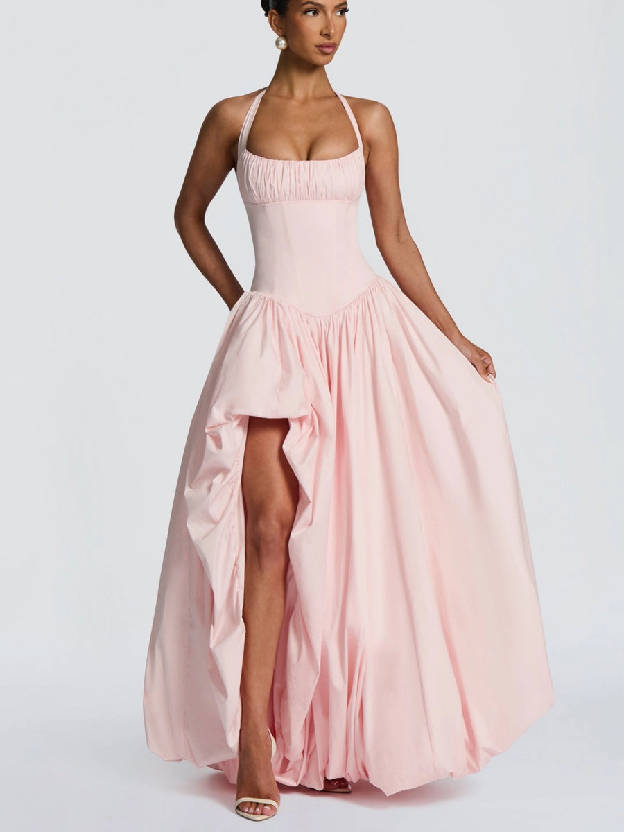 Aurora Halter Corset High-Slit Ball Gown In Pink