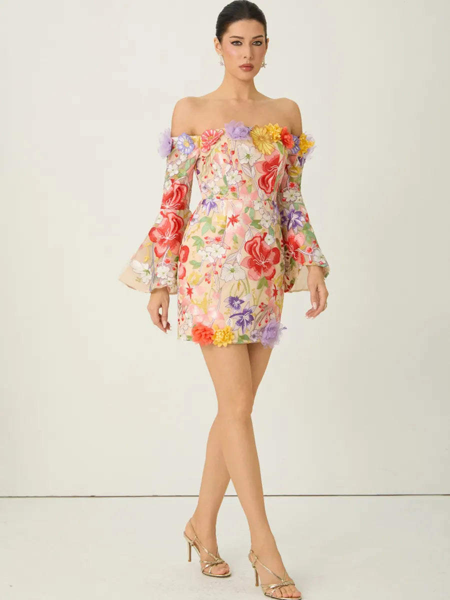Mila Multi Floral Applique Off Shoulder Mini Dress