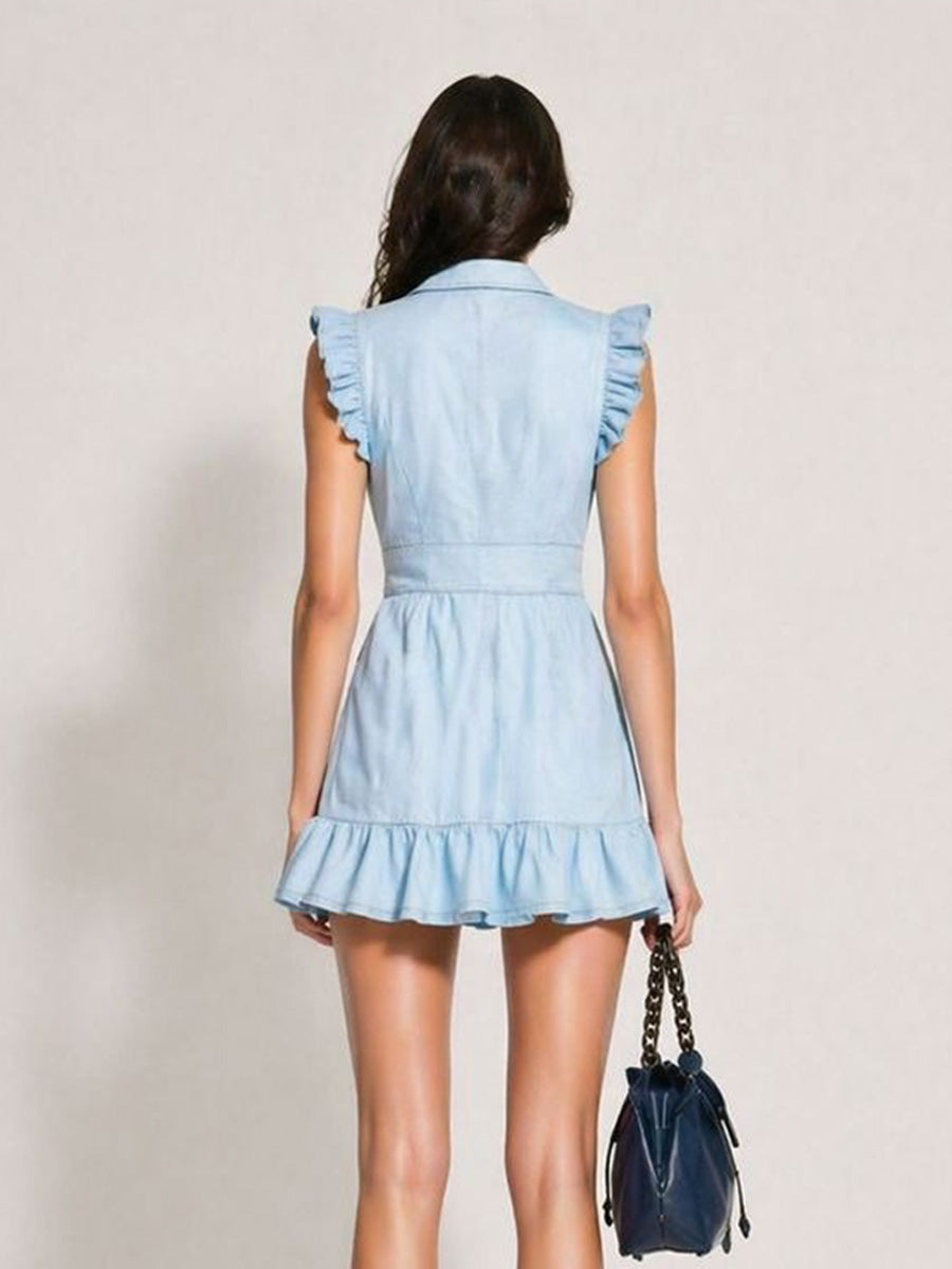 Kira Ruffled Sleeveless Zip-Front Denim Dress
